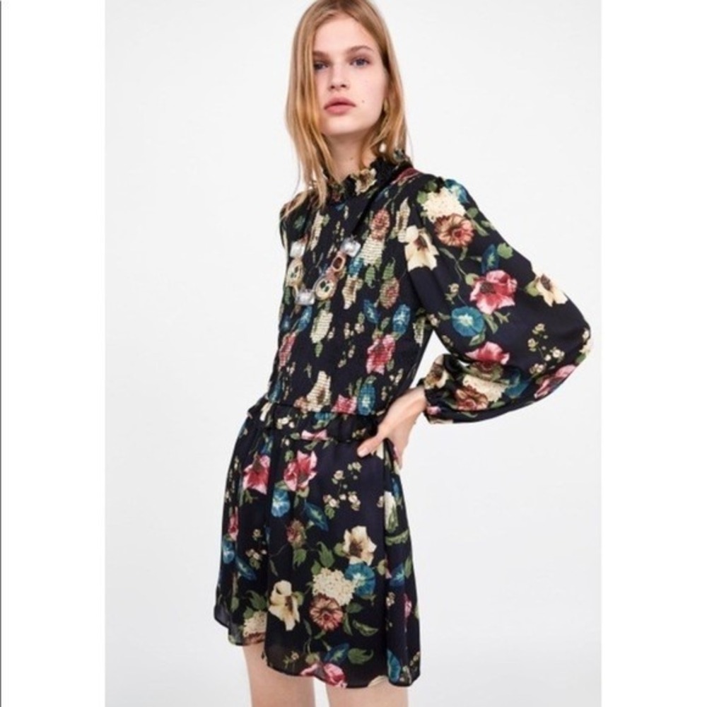 ZARA Multicolor Floral Romper Black Long Sleeve High Neck‎ Smocked Sz S